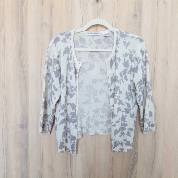 Autumn Cashmere Sweaters - Autumn Cashmere Womens Floral Cardigan L Cream Grey 100% Cashmere Cottage Preppy